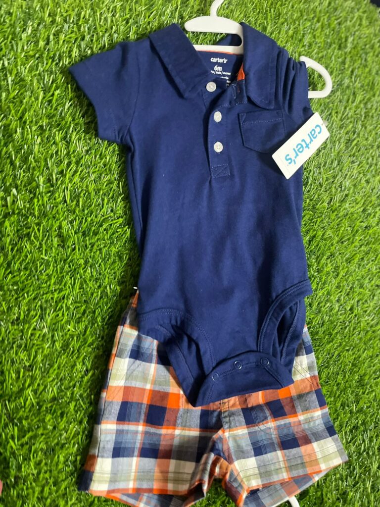 Carter’s 6-Month Baby Boy Outfit – Navy Blue Top & Patterned Bottom, Soft & Comfortable