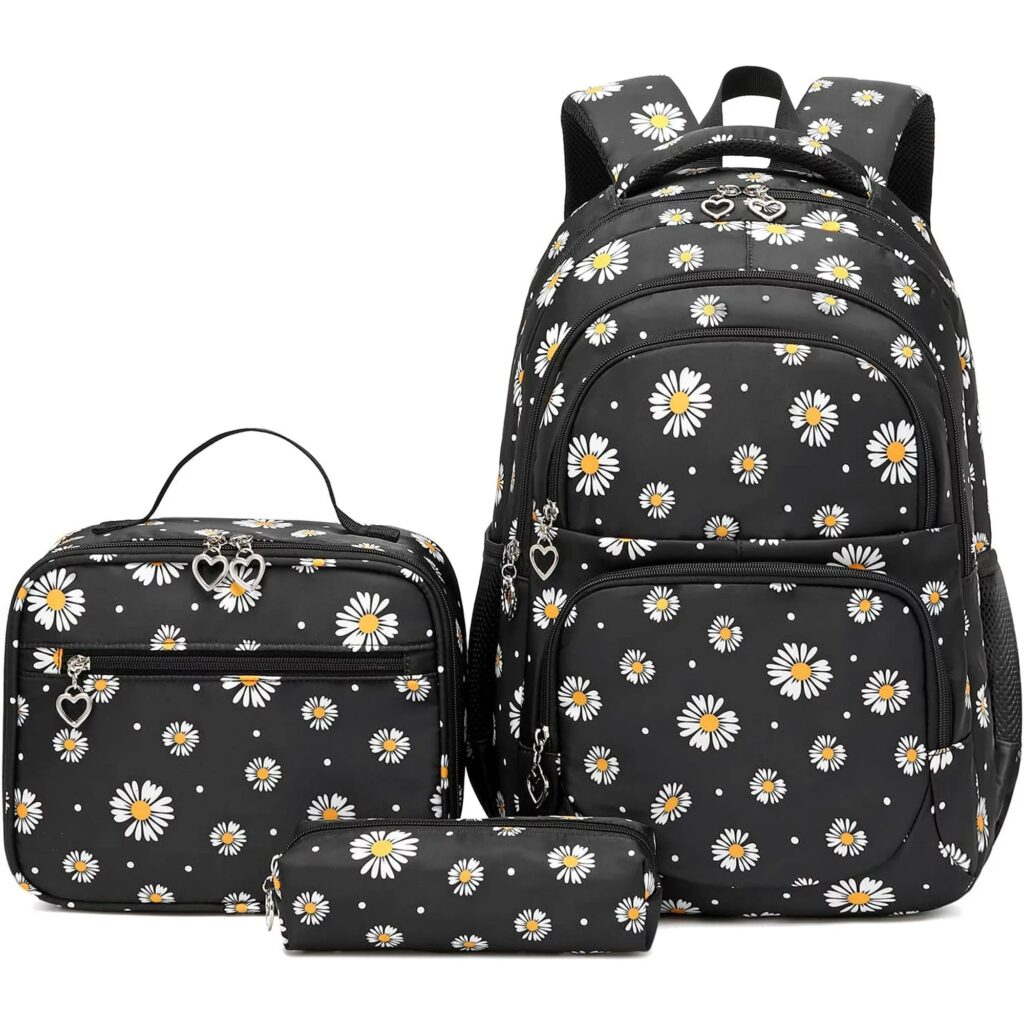 Petmoko Daisy Printed Backpacks With Lunch Pack Pencil Case 3pcs, Water Resistant Lightweight Bookbag For Middle School