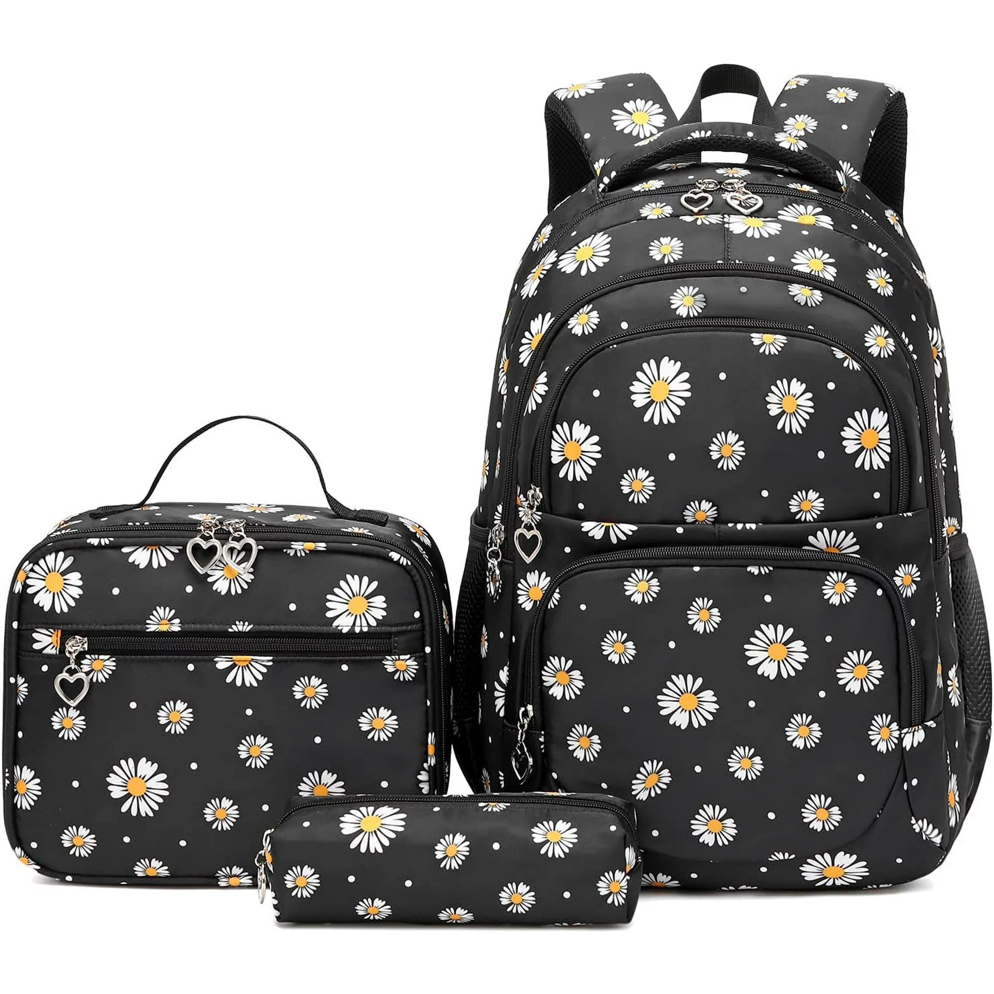 Petmoko Daisy Printed Backpacks With Lunch Pack Pencil Case 3pcs, Water Resistant Lightweight Bookbag For Middle School