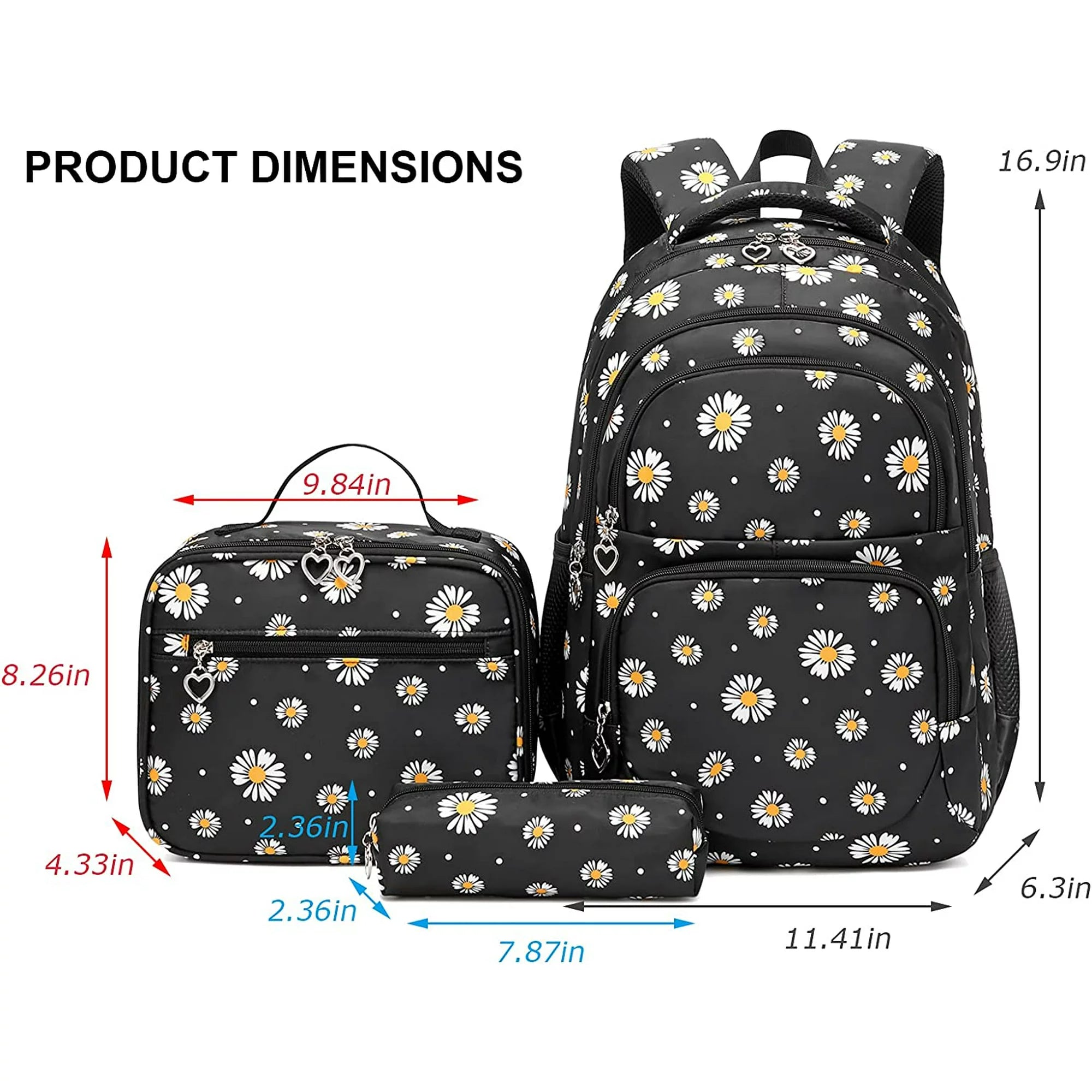 Petmoko Daisy Printed Backpacks With Lunch Pack Pencil Case 3pcs, Water Resistant Lightweight Bookbag For Middle School - Image 2
