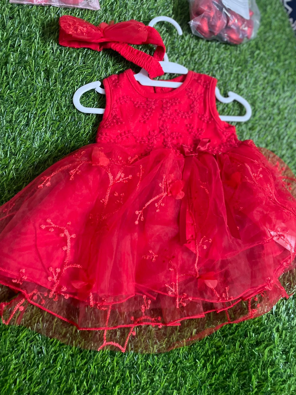 Baby Girl 3-Piece Christening Outfit – Size 6M, Red Dress with Headband & Socks, Perfect for Church