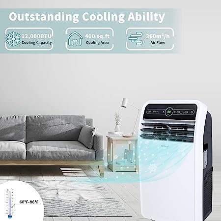 Shinco 12,000 BTU Portable Air Conditioner(11,500BTU ASHRAE), Portable AC Unit with Built-in Cool, Dehumidifier&Fan Modes for Room up to 400 sq.ft, Room Air Conditioner with Remote Control, 24 Hour Timer, - Image 2