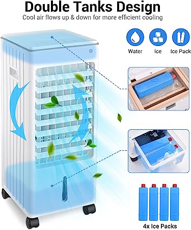 Yescom 3 IN 1 Portable Evaporative Air Cooler, Cooling Fan w/Humidifier & Remote Control,3 Wind Speeds,Detachable Water Tank & 4 Ice Packs Windowless Room Cooler for Home Office Garage Dorm 21-Inch - Image 4