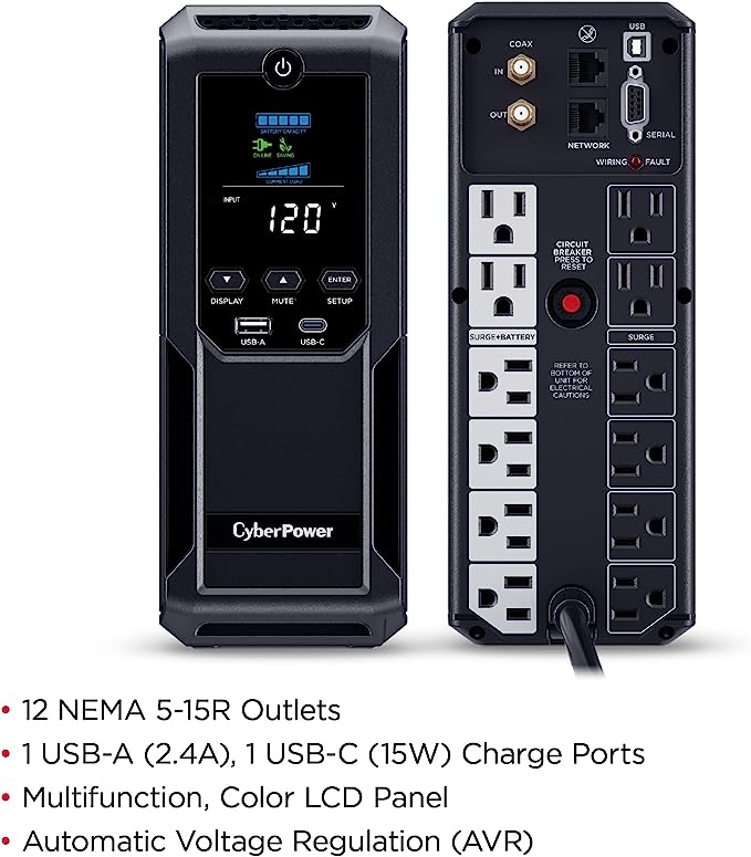 Intelligent LCD UPS System, 1500VA/900W, 12 Outlets, 2 USB Ports, AVR, Mini Tower, Black - Image 2