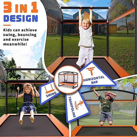 CalmMax 6FT Kids Trampoline with Horizontal Bar and Swing, Rectangle Toddler Trampoline with Enclosure Safety Net, ASTM Approved- Outdoor/Indoor Trampoline for Kids, Toddlers & Baby - Image 3