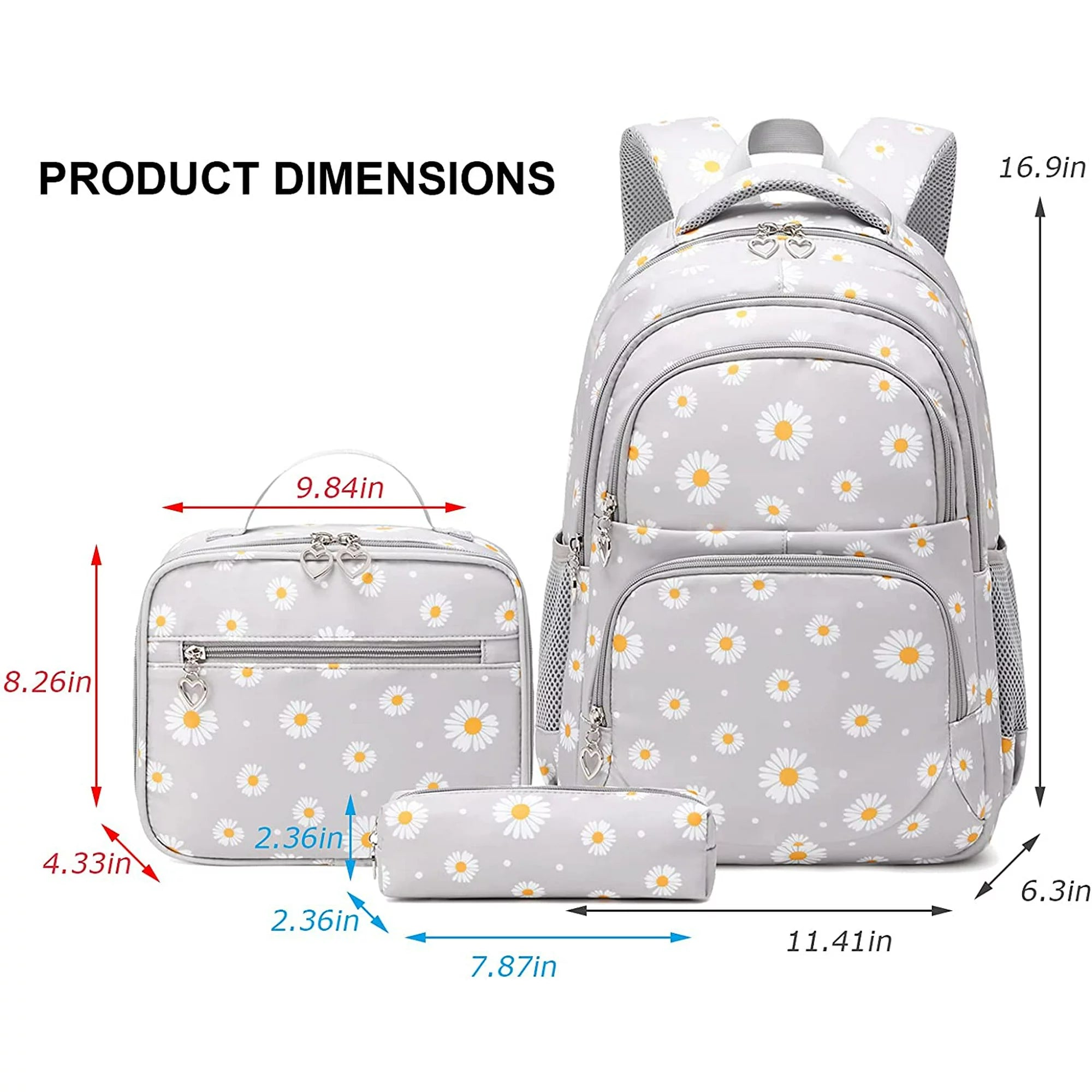 Petmoko Daisy Printed Backpacks With Lunch Pack Pencil Case 3pcs, Water Resistant Lightweight Bookbag For Middle School - Image 4