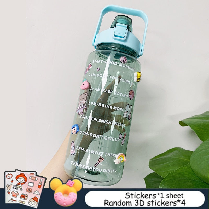2L Large Capacity Water Bottle With Bounce Cover Time Scale Reminder Frosted Cup With Cute Stickers For Outdoor Sports Fitness - Image 2