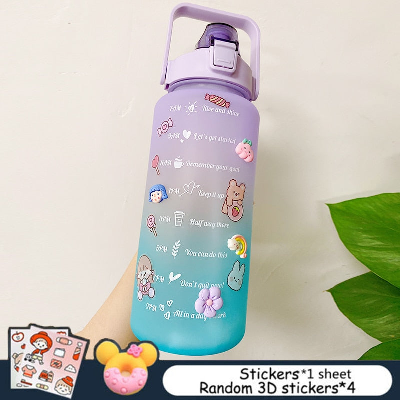 2L Large Capacity Water Bottle With Bounce Cover Time Scale Reminder Frosted Cup With Cute Stickers For Outdoor Sports Fitness - Image 13