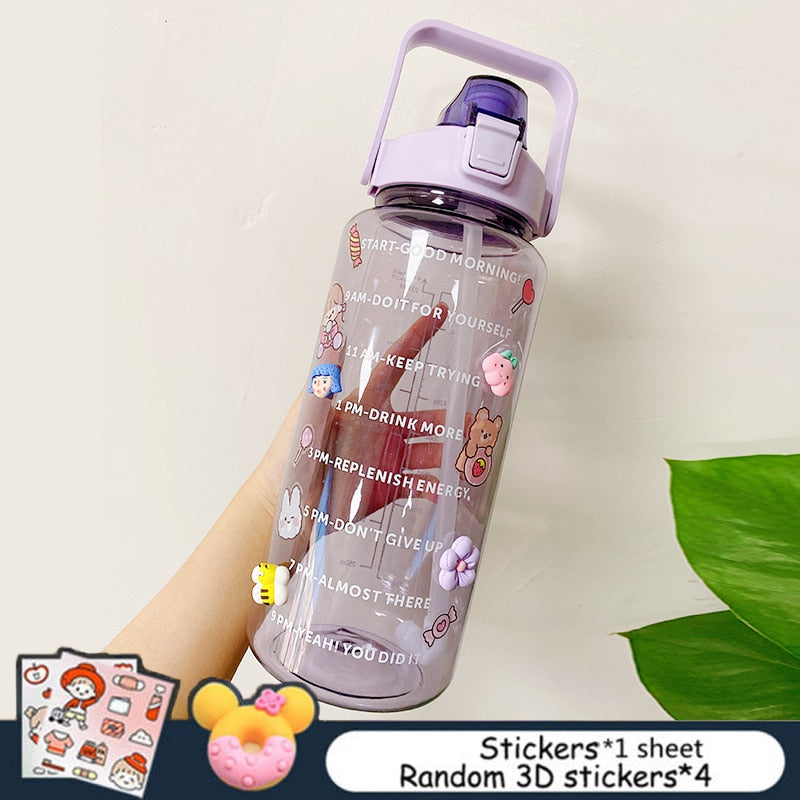2L Large Capacity Water Bottle With Bounce Cover Time Scale Reminder Frosted Cup With Cute Stickers For Outdoor Sports Fitness - Image 5