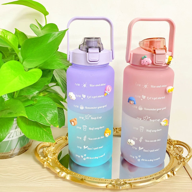 2L Large Capacity Water Bottle With Bounce Cover Time Scale Reminder Frosted Cup With Cute Stickers For Outdoor Sports Fitness - Image 22