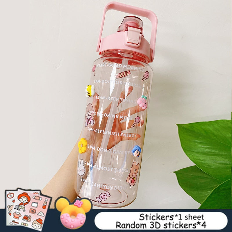 2L Large Capacity Water Bottle With Bounce Cover Time Scale Reminder Frosted Cup With Cute Stickers For Outdoor Sports Fitness - Image 6