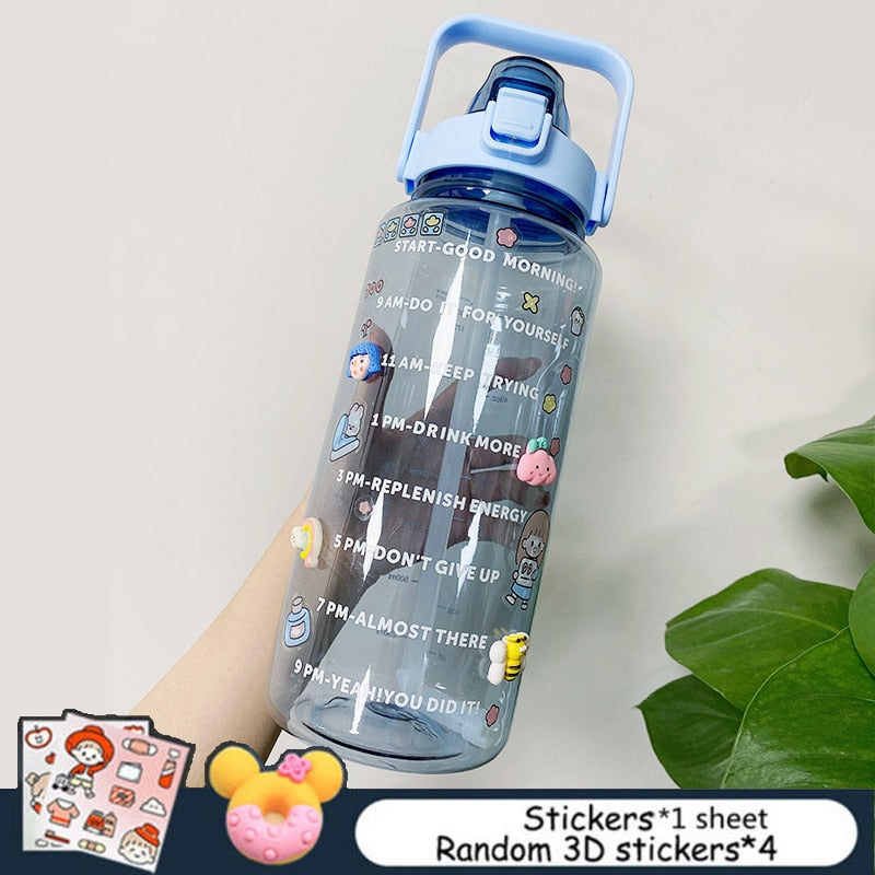 2L Large Capacity Water Bottle With Bounce Cover Time Scale Reminder Frosted Cup With Cute Stickers For Outdoor Sports Fitness - Image 16