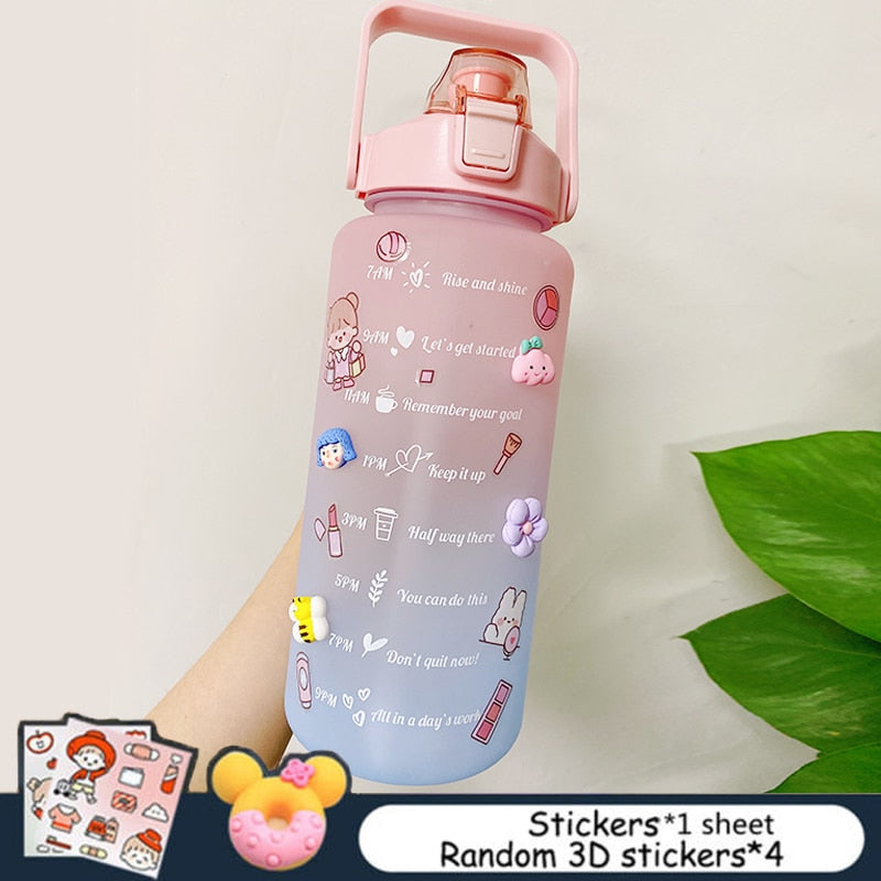 2L Large Capacity Water Bottle With Bounce Cover Time Scale Reminder Frosted Cup With Cute Stickers For Outdoor Sports Fitness - Image 10