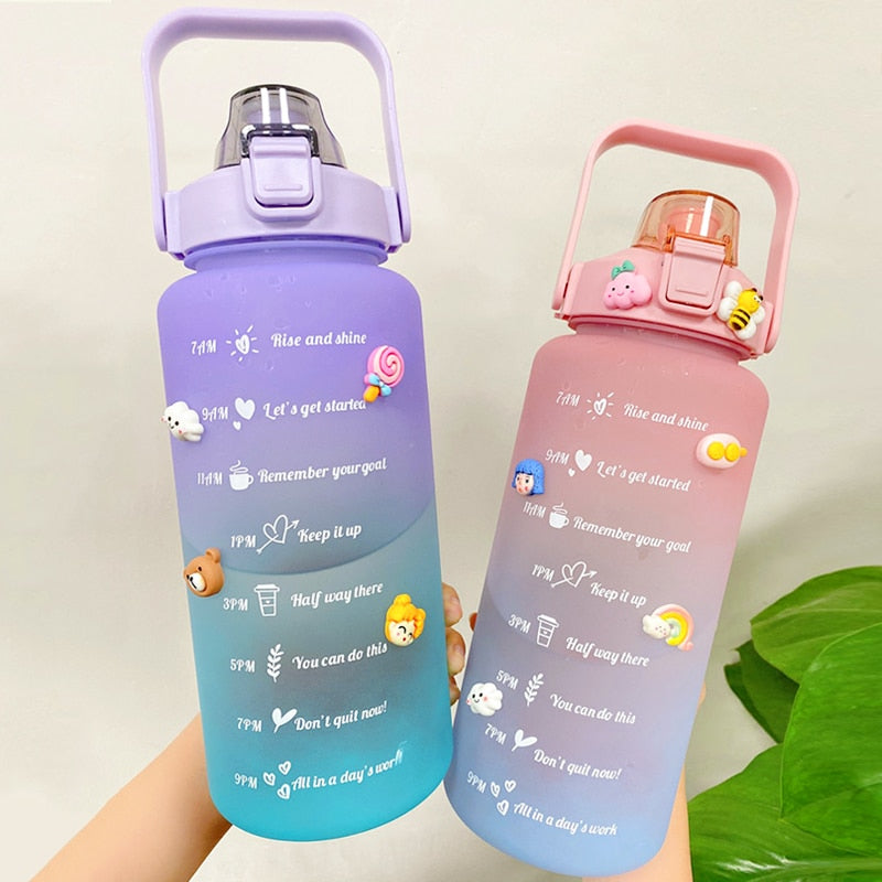 2L Large Capacity Water Bottle With Bounce Cover Time Scale Reminder Frosted Cup With Cute Stickers For Outdoor Sports Fitness - Image 24