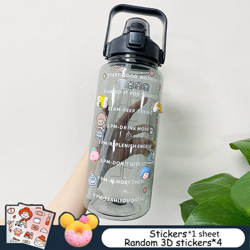 2L Large Capacity Water Bottle With Bounce Cover Time Scale Reminder Frosted Cup With Cute Stickers For Outdoor Sports Fitness - Image 12