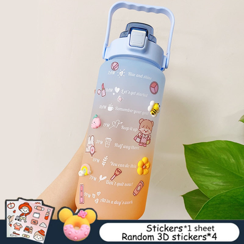 2L Large Capacity Water Bottle With Bounce Cover Time Scale Reminder Frosted Cup With Cute Stickers For Outdoor Sports Fitness - Image 14