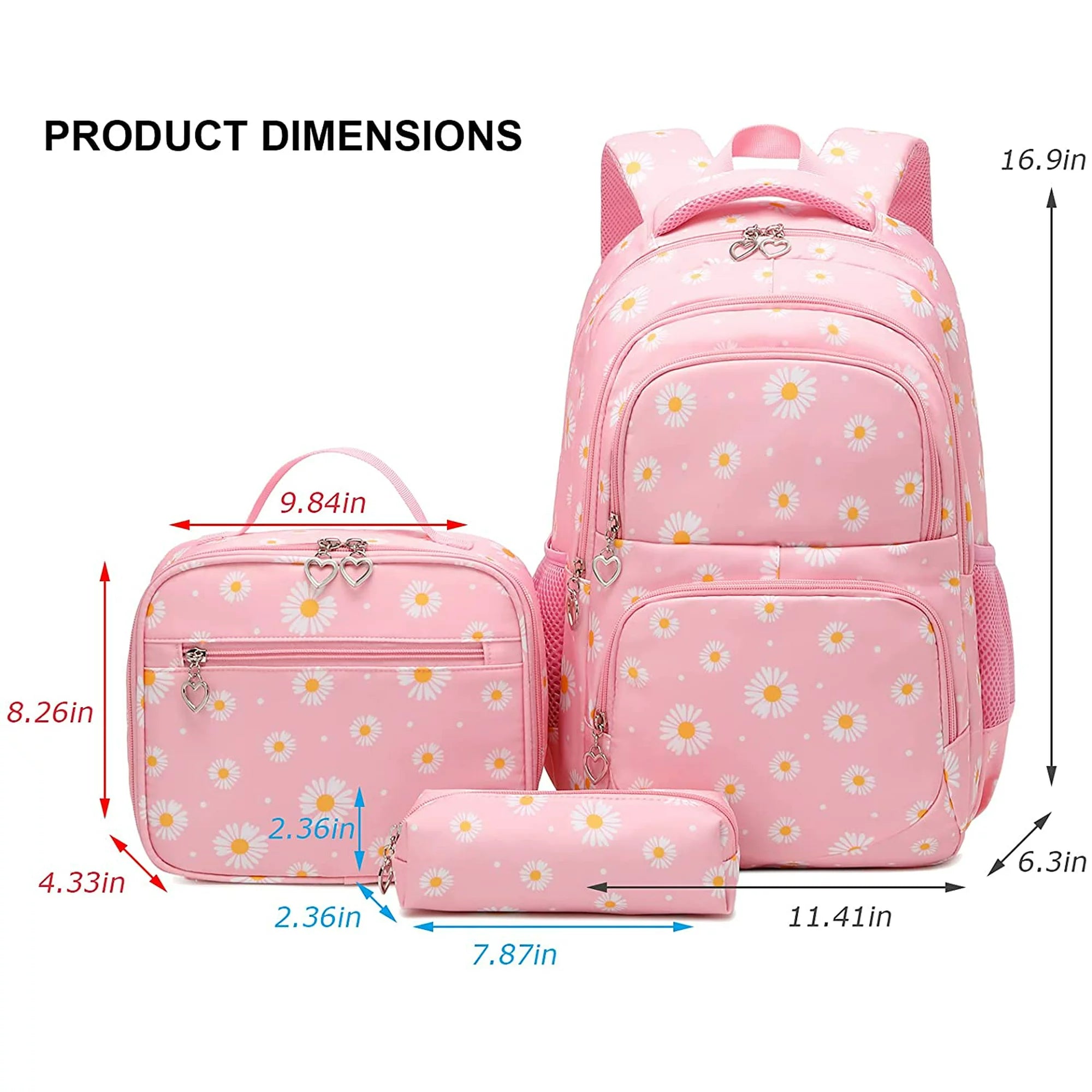 Petmoko Daisy Printed Backpacks With Lunch Pack Pencil Case 3pcs, Water Resistant Lightweight Bookbag For Middle School - Image 8