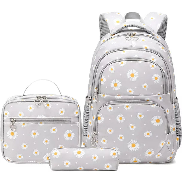 Petmoko Daisy Printed Backpacks With Lunch Pack Pencil Case 3pcs, Water Resistant Lightweight Bookbag For Middle School - Image 3